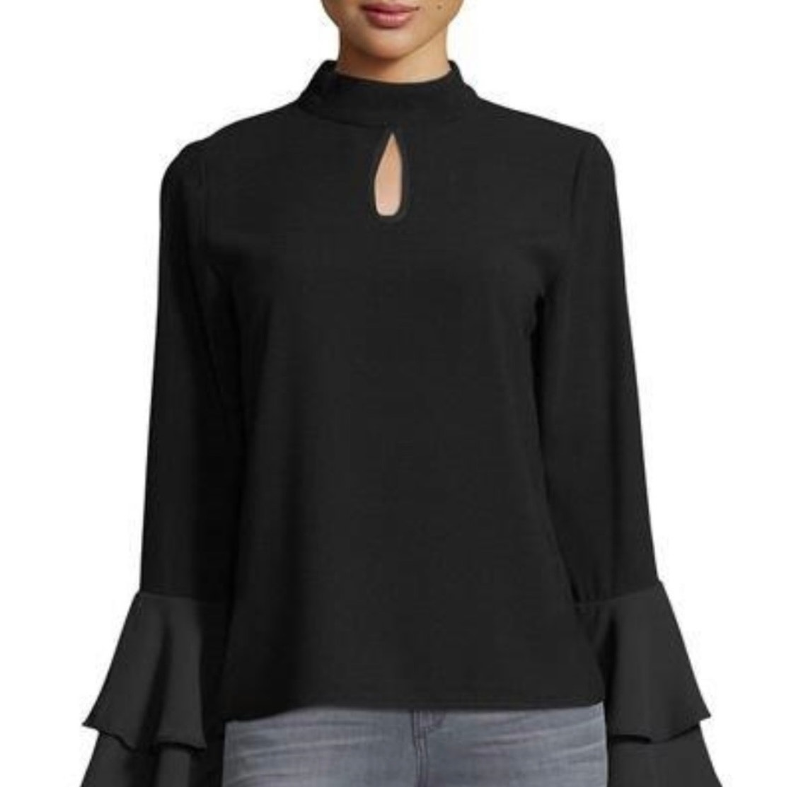 Patrizia Luca Double Bell L/S Keyhole Front Mock Neck Holiday Women’s Black Sz S
